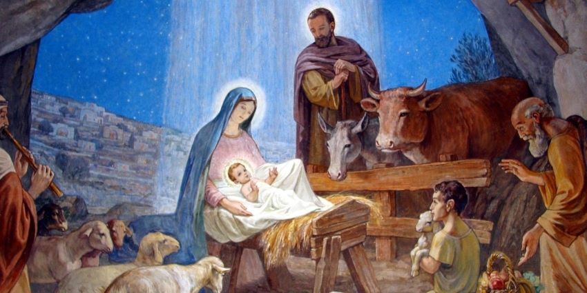 Obraz Narodzenia Pańskiego na ścianie kościoła na Polu Pasterzy w Betlejem