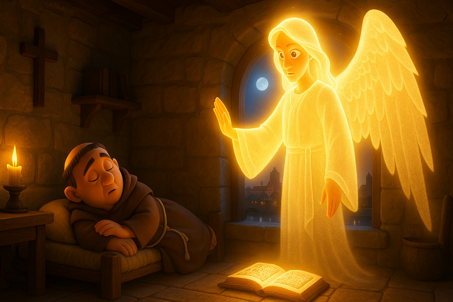 Anioł budzi śpiącego mnicha