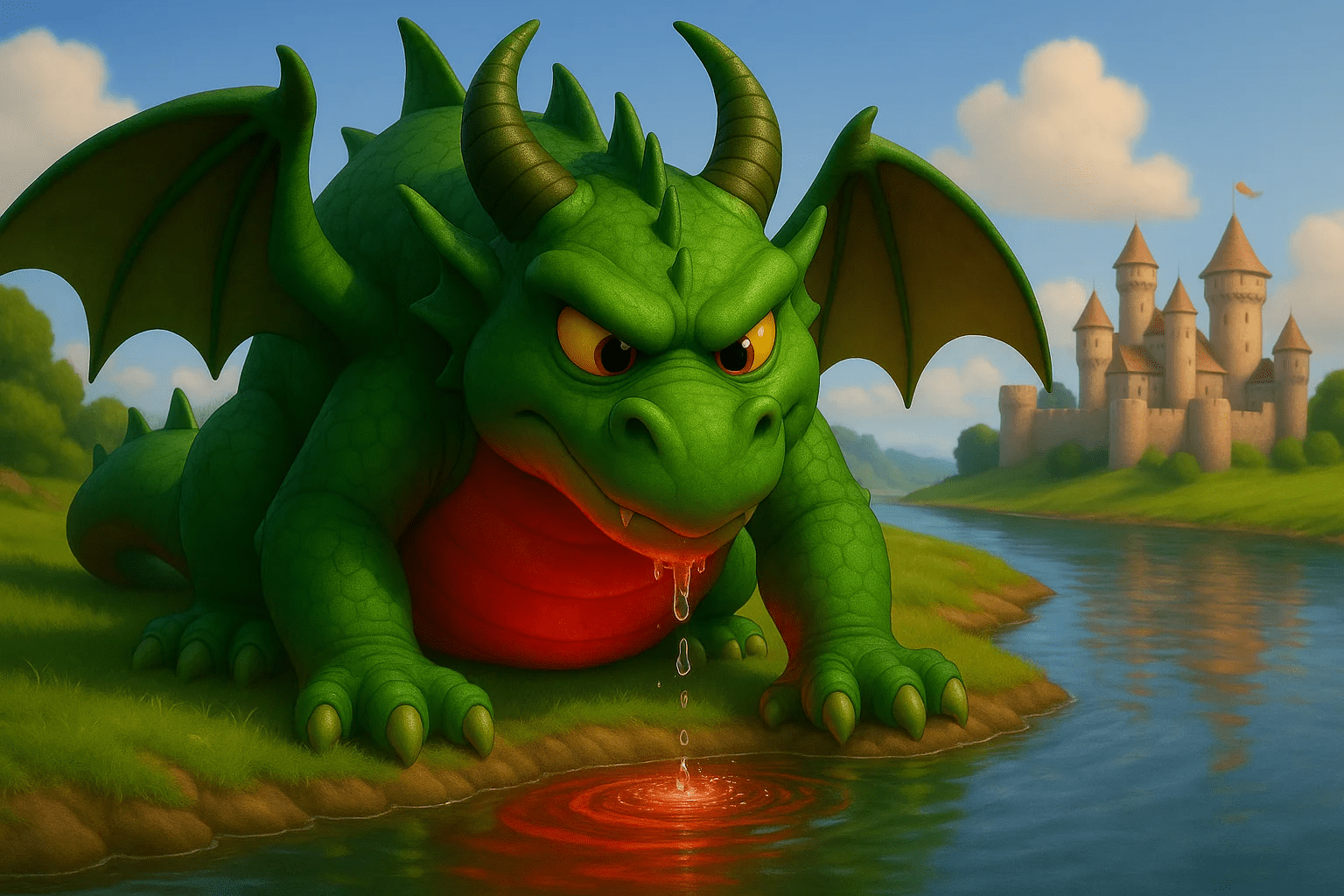 Smok Wawelski pije wodę po zjedzeniu owcy z siarką