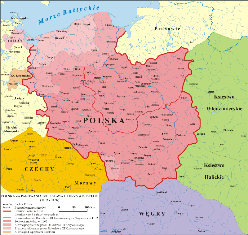 Mapa Polski za panowania Bolesława Krzywoustego - lata 1102-1138