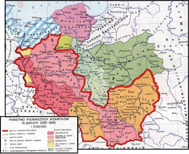 Mapa Polski za panowania Henryków Śląskich - lata 1201-1241