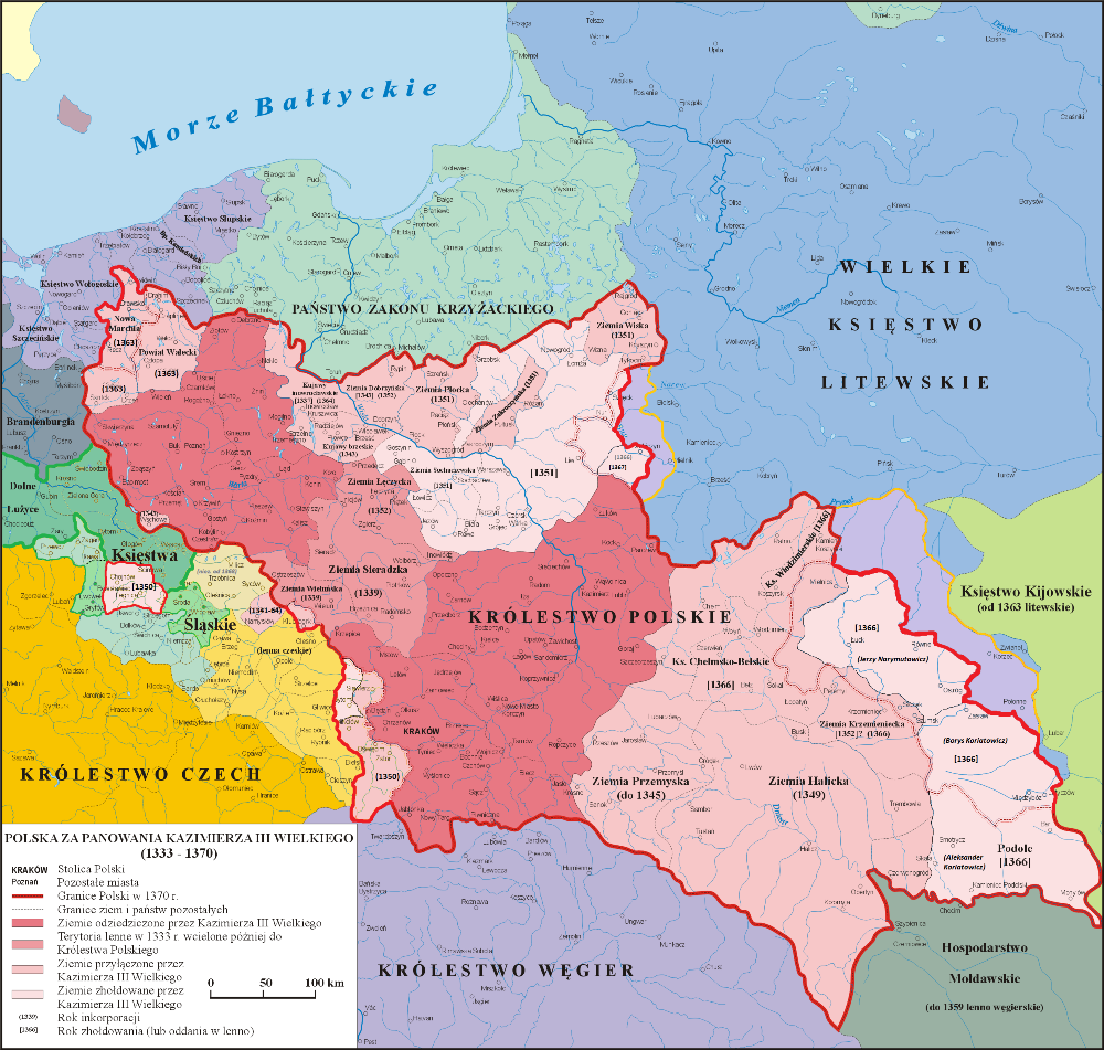 Mapa Polski za panowania Kazimierza Wielkiego lata 1333-1370