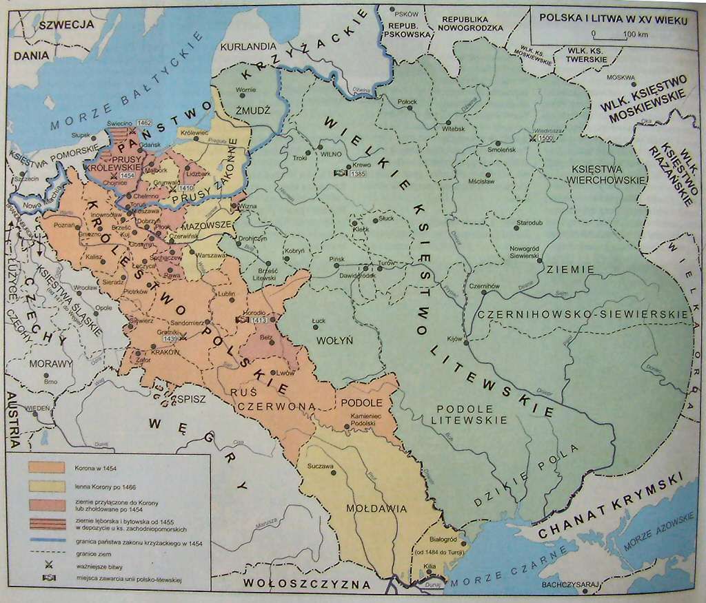 Mapa Polski za panowania Dynastii Jagiellonów - w XV wieku