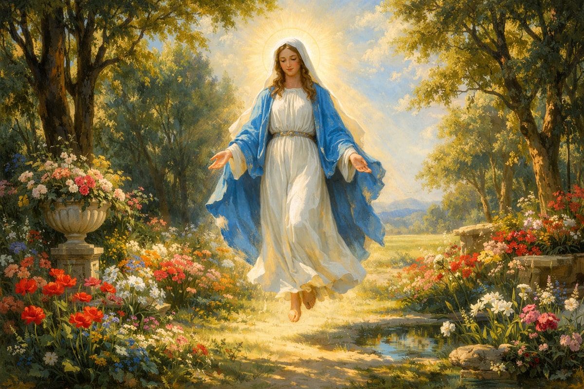 Najświętsza Maryja Panna w ogrodzie - obraz w stylu akademickim