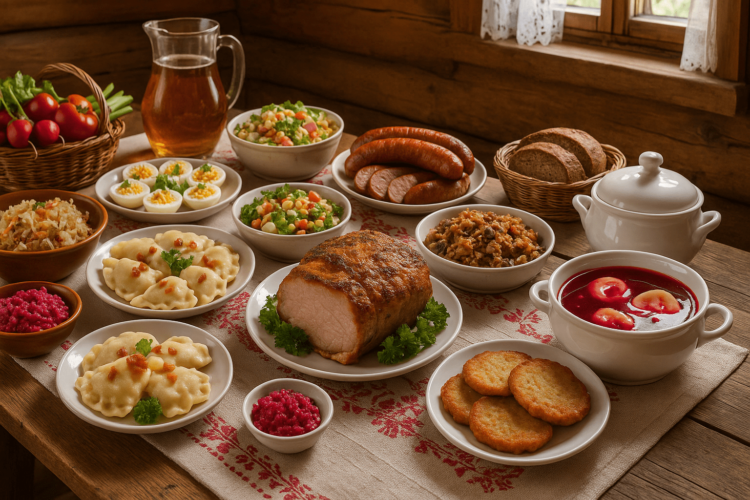 Stół zastawiony tradycyjnymi polskimi daniami