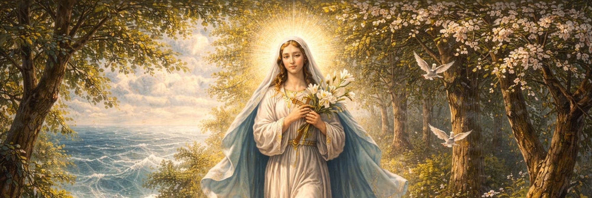 Najświętsza Maryja Panna w majowym ogrodzie - obraz AI dla portalu PolskaTradycja.PL